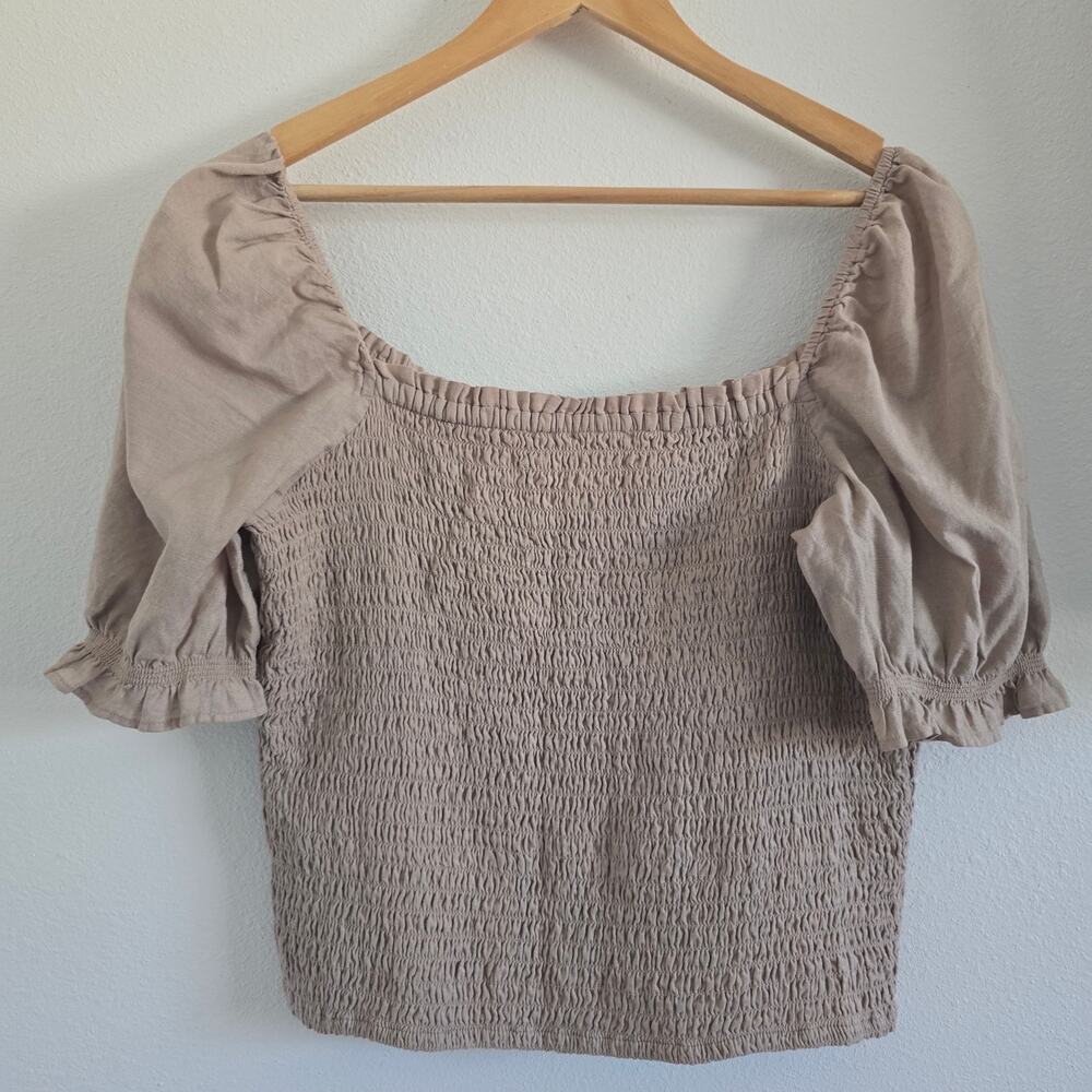 Abercrombie & Fitch Women's Smocked Cropped Top Tan Beige-XL Cotton Boho Cottage - Picture 2 of 6